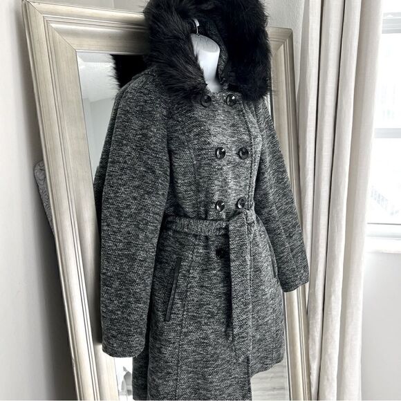 ESTABLISHED 1962 CB Black & White BELTED Hooded COAT Fur Trim Size M. - Picture 3 of 11